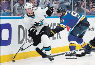  ?? ASSOCIATED PRESS FILE PHOTO ?? Veteran defenceman Justin Braun, left, has spent his entire career with the San Jose Sharks.