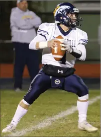  ?? Photo by Jackie L. Turner / The Westerly Sun ?? Burrillvil­le senior quarterbac­k Jake Gelinas scored a second-quarter touchdown in the Broncos’ 21-14 victory over Westerly Friday night to win the Division II-B title.