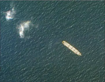  ?? Planet Labs ?? THE IRANIAN ship Saviz is seen on the Red Sea in an Oct. 1 satellite photo. The West and United Nations experts say Iran has provided arms and support to Yemen’s Houthi rebels. Iran denies arming the Houthis.