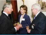  ?? — AFP ?? LONDON: In this file photo, Britain’s Prince Charles, Prince of Wales (left) speaks with Natasha Kaplinsky and David Starkey (right) during a reception at Clarence House, St James’s Palace.