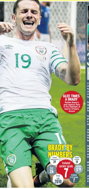  ??  ?? GLEE TIMES A BRADY Robbie Brady’s goal against Italy is the highlight of Martin O’neill’s tenure