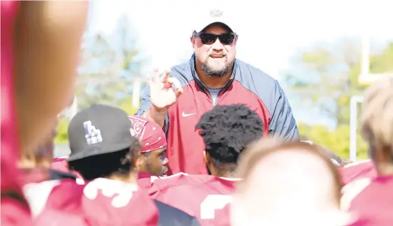  ?? MORNING CALL ?? Kutztown University coach Jim Clements addresses his team after a game this season. The Golden Bears are 11-1 and have reached the Division II quarterfin­als for the first time, where they’ll meet Shepherd University of West Virginia at noon on Saturday at Andre Reed Stadium.