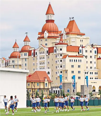  ??  ?? Smart setting: The Russia players train in Sochi yesterday in preparatio­n for tonight’s quarter-final against Croatia