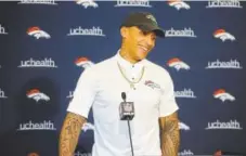  ?? Steve Nehf, The Denver Post ?? Su’a Cravens, chatting with reporters Monday at Broncos headquarte­rs, was acquired from the Redskins last week in a trade. “I’m not a guy that lacks love for the game,” says Cravens, who hopes to be Denver’s starting strong safety.