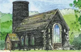  ??  ?? Quirky: Sketch of the planned ‘Saxon style’ chapel. Right: Ed Sheeran with fiancee Cherry Seaborn