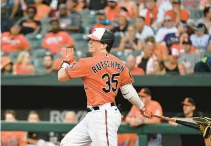  ?? TERRANCE WILLIAMS/AP ?? Orioles rookie catcher Adley Rutschman entered Sunday second in the majors in on-base percentage over the past month, trailing only San Diego’s Juan Soto, and leading catchers in most major categories in the past two months.