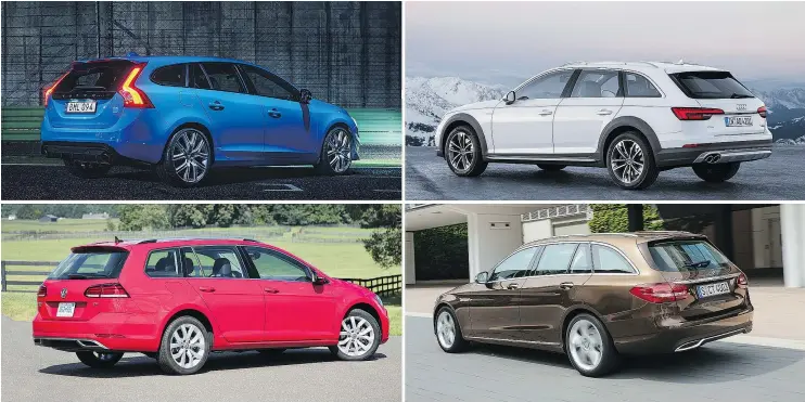  ??  ?? Clockwise from top left: The Volvo V60 Polestar, Audi A4 Allroad, Mercedes-Benz E-Class Estate and Volkswagen Golf Alltrack represent just some of the new models that have kept the wagon segment relevant and exciting. Some observers predict a wagon...