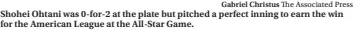  ?? Gabriel Christus The Associated Press ?? Shohei Ohtani was 0-for-2 at the plate but pitched a perfect inning to earn the win for the American League at the All-star Game.