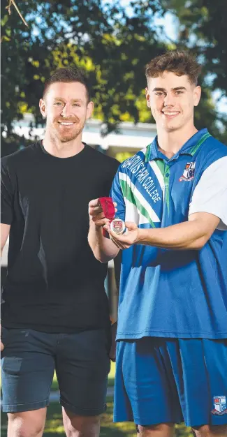  ??  ?? Michael Morgan presents Tom Duffy the Michael Morgan Medal. Picture: Shae Beplate.