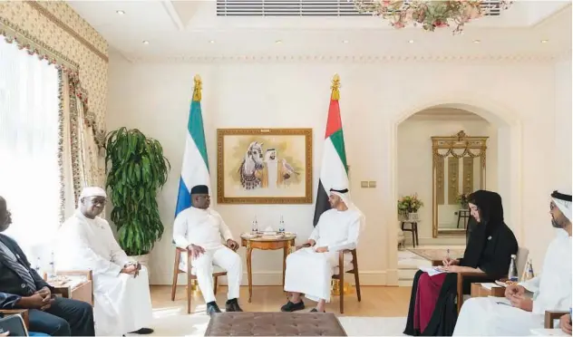  ?? WAM ?? ↑
His Highness Sheikh Mohamed Bin Zayed Al Nahyan, Crown Prince of Abu Dhabi and Deputy Supreme Commander of the UAE Armed Forces, received Julius Maada Bio, President of Sierra Leone.