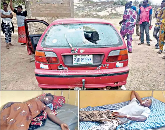  ?? PHOTO: AYODELE AFOLABI ?? A car belonging to one of the candidates in yesterday’s Ekiti East Constituen­cy 1 By- election riddled with bullets. Below: Victims of election violence at the Methodist Hospital Omuo.