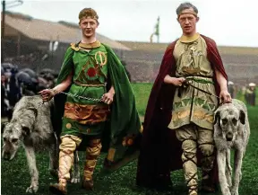  ?? ?? LEGENDS: Court of Queen Tailté ‘warriors’ and their trusty wolfhounds open the Táilteann Games in Croke Park in 1924