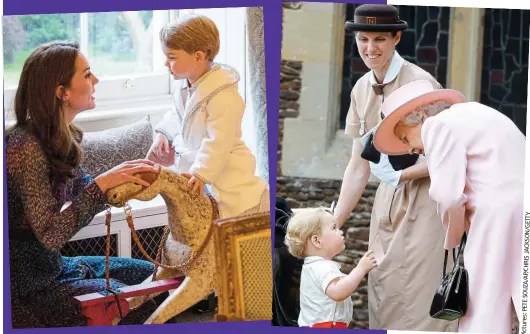  ??  ?? Bedtime at the Palace: Kate, above left, persuades George it really is time to go to sleep. Above, the Prince with his nanny Maria and his great-granny, the Queen