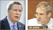  ??  ?? Gov. John Kasich says Republican­s and Democrats can work together on health care. “The exchange needs to be fixed, but don’t kill Medicaid expansion.” U.S. Rep. Jim Jordan, R-Urbana, says, “We (said) we were going to repeal Obamacare and replace it...