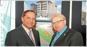  ?? ?? The Sebel hotel on Tuesday last week. It is scheduled to open in April with rooms being advertised for $200. Left, Raman Sarin and Mayor Ray Wallace were all smiles in 2105 as they unveiled plans for a new hotel in Hutt City.