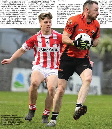  ??  ?? Donncha O’Connor, Duhallow, wins possession against Imokilly in the County SFC at Pairc Uí Rinn Photo by John Tarrant