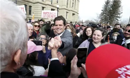  ?? Photograph: Michael Cummo/AP ?? The Florida congressma­n Matt Gaetz outside the Wyoming state capitol in Cheyenne on Thursday. ‘Defeat Liz Cheney in this upcoming election,’ Gaetz said, ‘and Wyoming will bring Washington to its knees.’