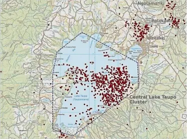  ?? GNS SCIENCE ?? Taupō volcano seismic activity. Each red dot represents one of around 700 minor earthquake­s recorded since January 2022.