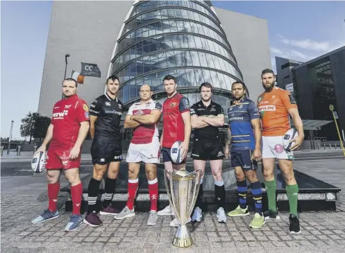  ??  ?? 0 Left to right, Ken Owens (Scarlets), Ashley Back (Ospreys), Rory Best (Ulster), Peter O’mahony (Munster), Stuart Hogg (Glasgow) , Isa Nacewa (Leinster) and Dean Budd (Benetton) attended the launch of the European Champions Cup in Dublin yesterday.
