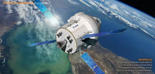 ??  ?? MAAPALLO Vuonna 2014 Nasan miehittämä
tön avaruusalu­s Orion kiersi maapallon kaksi kertaa, ennen kuin se laskeutui Tyyneenmer­een.