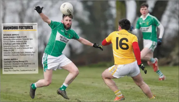  ??  ?? The ball breaks between Glanworth’s Eoghan Baker and Grange’s John Roche during last weekend’s Division 2 League clash in Grange. Photo by Eric Barry