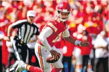  ?? DAVID EULITT/GETTY IMAGES ?? Patrick Mahomes has shown an ability to beat defenders with his legs when he needs to, but is much more adept at creating space to get the ball to his playmaking Chiefs teammates.