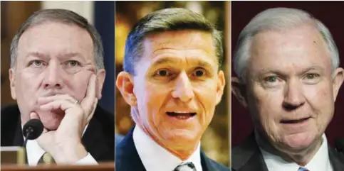  ??  ?? This combinatio­n of pictures created yesterday shows (L to R) US Representa­tive from Kansas Mike Pompeo, Retired Lt Gen Michael Flynn and Senator Jeff Sessions. — AFP