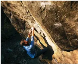  ??  ?? Above: Tosh Sherkat setting up for the dyno on White Lotus V10, Fukushima Boulder, Arrow Lake