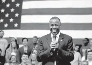  ?? AP/NIKKI BOERTMAN ?? Republican presidenti­al candidate Ben Carson drew a laugh Friday night at West Memphis High School when he walked onto the stage and said, ”I always love coming to Tennessee.”