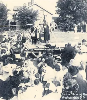  ?? WESTON HISTORICAL SOCIETY ?? The laying of the cornerston­e of the Presbyteri­an Sunday School building in Weston in 1911 is captured, which included installing a time capsule. In 1956, when the building was demolished, the time capsule was recovered in which was found a portion of a cranium.