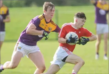  ??  ?? Wexford midfielder David Hennebry tries to put a stop to the gallop of Louth’s Fionn Meagher.