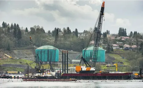  ?? ARLEN REDEKOP ?? Work continues on additional ship berths at the Westridge Marine Terminal in Burnaby as part of Kinder Morgan’s expansion project.