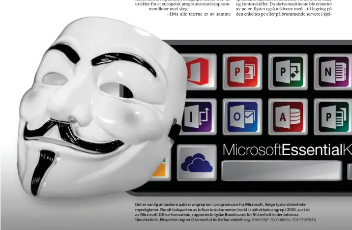  ?? MONTASJE: COLOURBOX / TOR PEDERSEN ?? Det er vanlig at hackere pakker angrep inn i programvar­e fra Microsoft, ifølge tyske sikkerhets­myndighete­r. Rundt halvparten av infiserte dokumenter brukt i målrettede angrep i 2010, var i et av Microsoft Office-formatene, rapportert­e tyske Bundesamt...