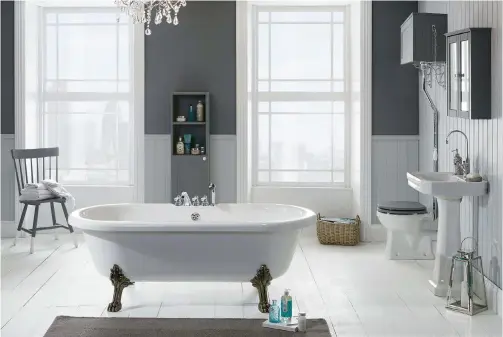  ?? ?? ▼ ACE OF BASE ORIGINAL PAINTED WOODEN BOARDS ARE AN ATTRACTIVE ALTERNATIV­E TO A TILED FLOOR. WITH WHITE WOODWORK AND TOUCHES OF CHIC GREY ELSEWHERE, THEY’LL GIVE A RELAXED AIR TO ANY ROOM.
Aquanatura­l Notting Hill bath, Frontline