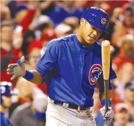  ?? | AP ?? Shortstop Addison Russell shows some frustratio­n after striking out in the eighth inning Friday against the Cardinals. He had one of the Cubs’ three hits, though.