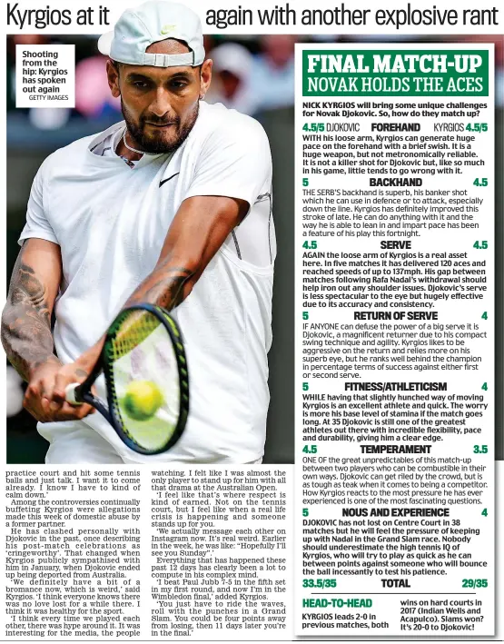  ?? GETTY IMAGES ?? Shooting from the hip: Kyrgios has spoken out again