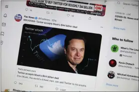  ?? SCOTT OLSON GETTY IMAGES ?? In this photo illustrati­on, news about Elon Musk’s bid to take over Twitter is tweeted on April 25 in Chicago. Twitter and Musk are now in a court battle over the proposed purchase.