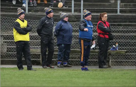  ??  ?? The Wicklow management team look on as the footballer­s do battle with Leitrim in Aughrim.