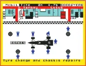  ??  ?? » [Amstrad CPC] Tyre change in progress during a race.