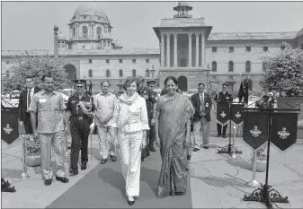  ??  ?? Defence Minister Nirmala Sitharaman with her French counterpar­t Florence Parly at South Block in New Delhi.