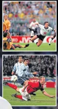  ??  ?? SHEAR DESPAIR Shearer goes flying against Argentina in a 2000 friendly & (top) Lineker down against Sweden at Euro 92
