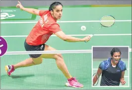  ??  ?? India’s Nehwal plays a shot against Tzu Ying of Chinese Taipei during singles semi-final; (inset) Sindhu