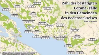  ?? FEY GRAFIK: MARCUS ?? Die Verteilung der Corona-Fälle im Bodenseekr­eis zeigt, dass Friedrichs­hafen besonders stark betroffen ist.