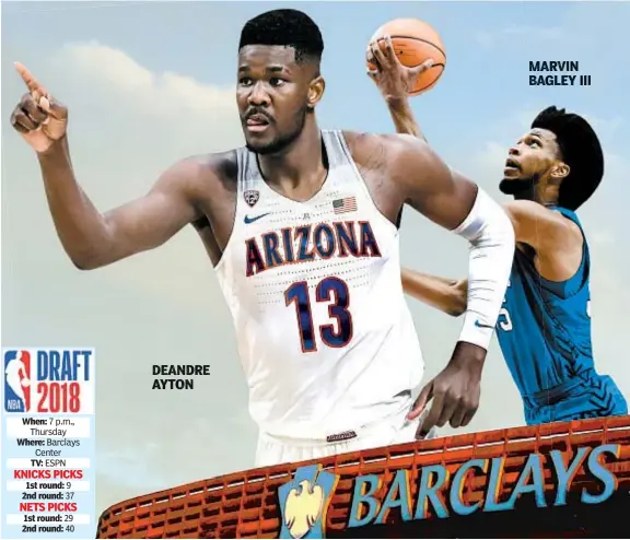  ??  ?? When: 7 p.m., Thursday Where: Barclays Center TV: ESPN KNICKS PICKS 1st round: 9 2nd round: 37 NETS PICKS 1st round: 29 2nd round: 40 MARVIN BAGLEY III DEANDRE AYTON