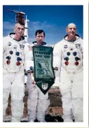  ?? L-R ?? APOLLO 10 ASTRONAUTS, 1969: Cernan, Young (with Snoopy pennant) and Stafford in front of the Saturn V rocket that carried the Apollo 10 spacecraft