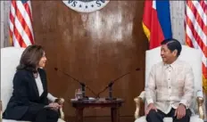  ?? Haiyun Jiang/Pool/AFP via Getty Images ?? Vice President Kamala Harris, left, meets with Philippine­s President Ferdinand “Bongbong” Marcos Jr. on Monday at Malacanang Palace in Manila.