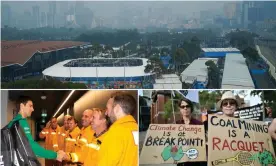  ?? Composite: EPA-EFE/Shuttersto­ck; AFP/Getty Images; Tennis Australia/ Getty Images ?? In 2020 bushfires saw Melbourne engulfed in haze and smoke (top), subsequent climate change protests outside the Australian Open venue (bottom right) and ahead of the men’s final Novak Djokovic – who could be kicked out of Australia –greeted fire fighters who had battled the blazes.