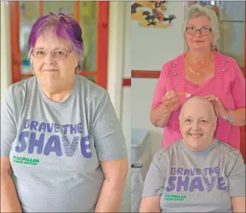  ?? 25_c32brave03_Christiane_Burns_composite ?? Christiane Burns with a full head of purple hair and Glynis Lewin finishing the shave with a razor.