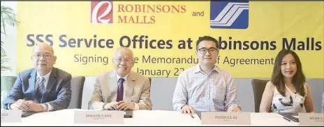  ??  ?? ROBINSONS MALLS HOST SSS SERVICE OFFICES: Robinsons Land Corp. further strengthen­s its partnershi­p with SSS by signing a supplement­al memorandum of agreement which reaffirms its participat­ion in Robinsons Malls Lingkod Pinoy Center. Photo shows (from left) SSS senior vice president and chief legal counsel Voltaire Agas, SSS president and CEO Emmanuel Dooc, RLC president Frederick Go and RLC commercial centers division SVP and general manager Arlene Magtibay after the signing of the supplement­al agreement.