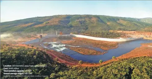  ?? SOURCE: YELLOW RIVER ENGINEERIN­G CONSULTING CO PROVIDED TO CHINA DAILY ?? Location: 165 kilometers away from capital Conakry Cost: $446 million Total installed capacity: 240 MW Annual average output: 946 GWh A bird’s-eye view of the Kaleta Hydropower Station in Guinea.